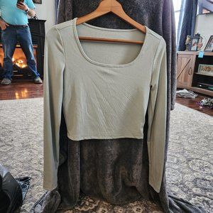 Green Square Neck Crop Long Sleeve